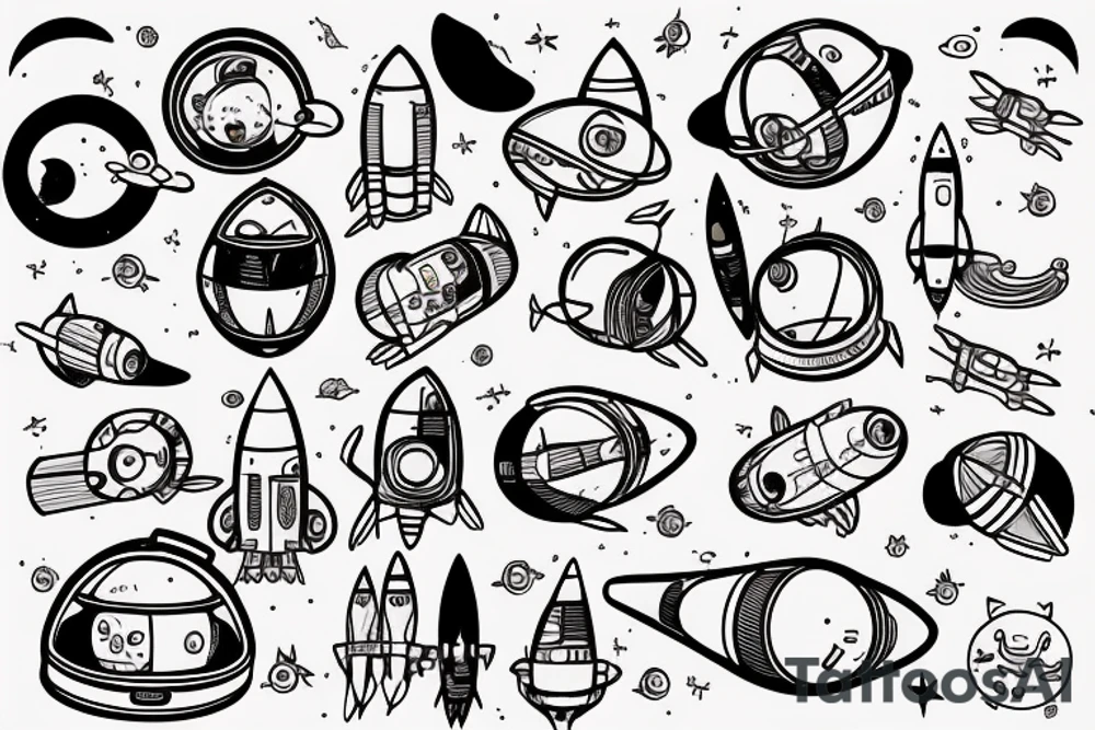cat astronaut beside a rocket ship tattoo idea