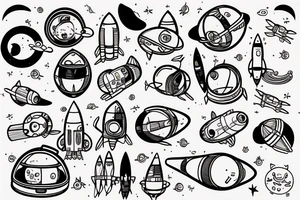 cat astronaut beside a rocket ship tattoo idea