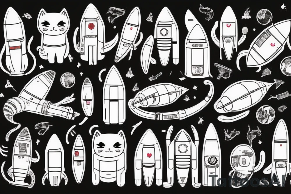 cat astronaut beside a rocket ship tattoo idea