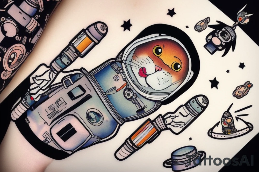 cat astronaut and a ufo tattoo idea