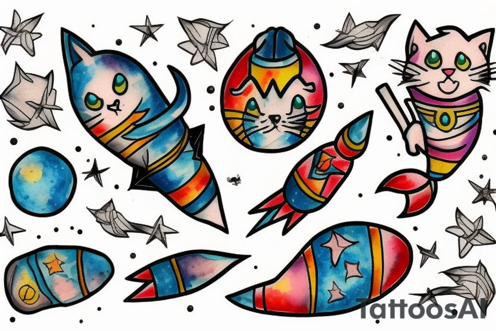 cat riding a rocket tattoo idea