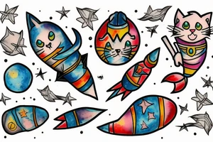 cat riding a rocket tattoo idea
