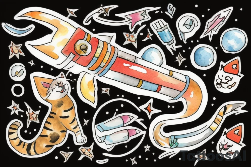 cat riding a rocket tattoo idea