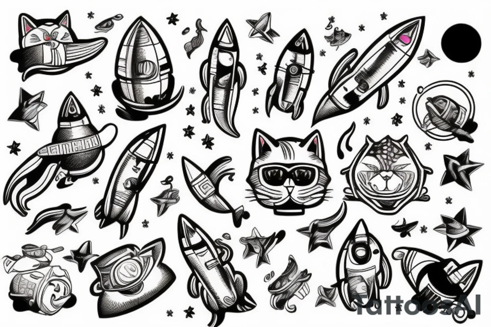 cat riding a rocket tattoo idea