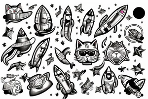 cat riding a rocket tattoo idea