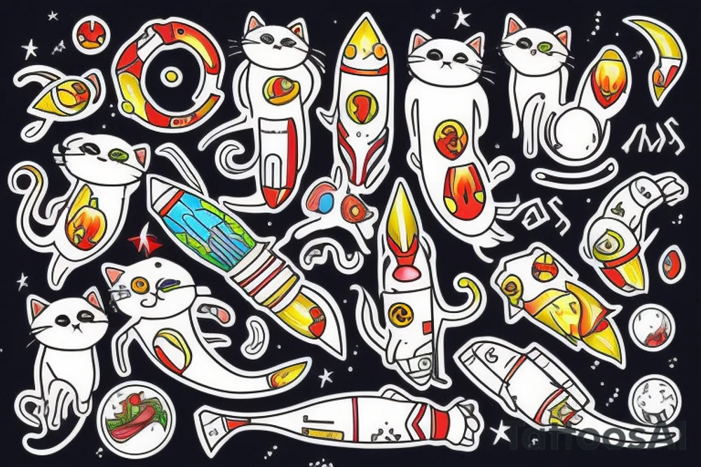 cat riding a rocket tattoo idea