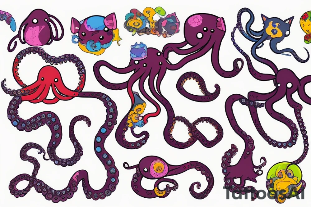 colorful octopus with cat ears tattoo idea