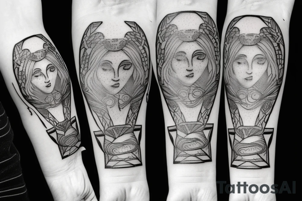 Mythical, woodsy Ancient Greek Athena  tattoo on forearm with blackwork tattoo idea