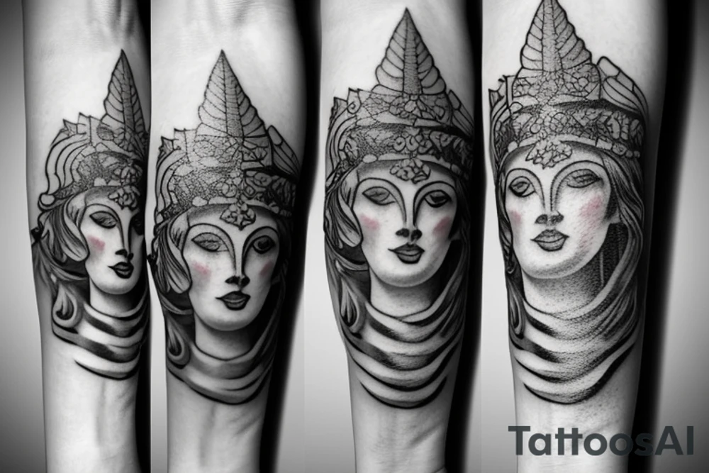 Mythical, woodsy Ancient Greek Athena  tattoo on forearm with blackwork tattoo idea