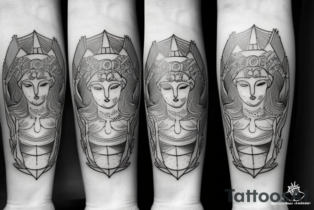 Mythical, woodsy Ancient Greek Athena  tattoo on forearm with blackwork tattoo idea