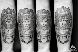Mythical, woodsy Ancient Greek Athena  tattoo on forearm with blackwork tattoo idea