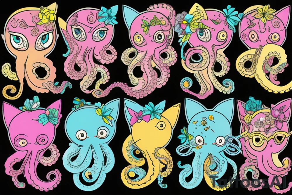 colorful octopus with cat ears tattoo idea