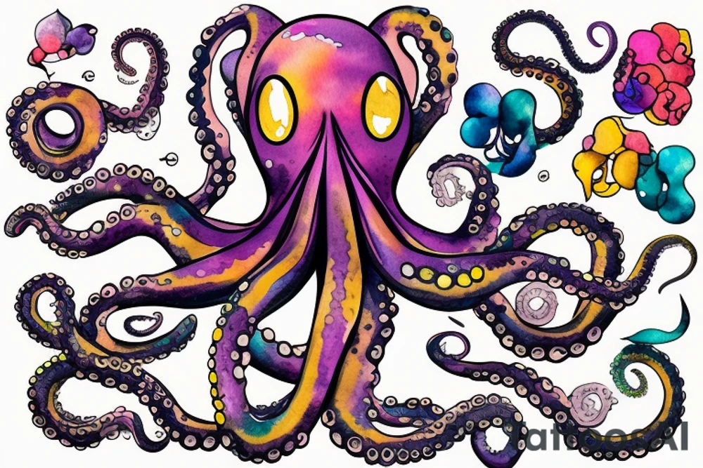 colorful octopus with cat ears tattoo idea