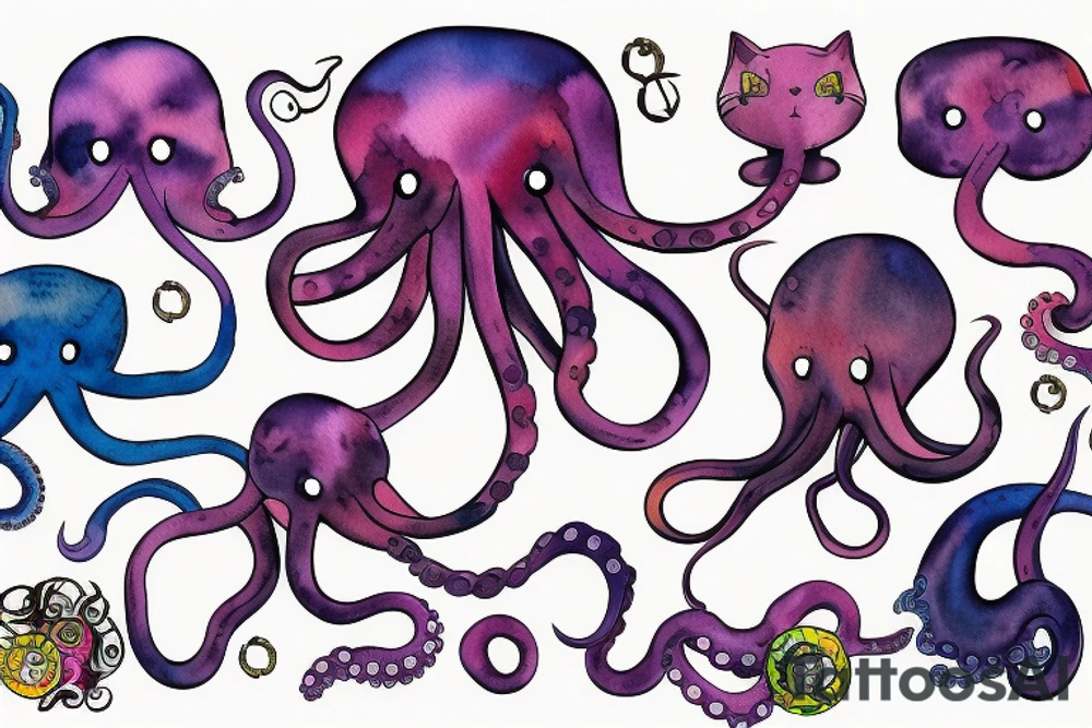 colorful octopus with cat ears tattoo idea