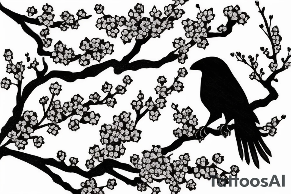 Crow on cherry blossom branch tattoo idea