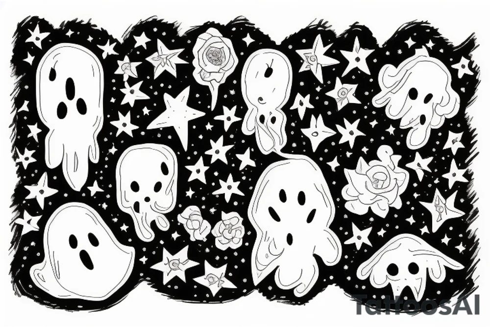 Ghost with flowers and stars around tattoo idea