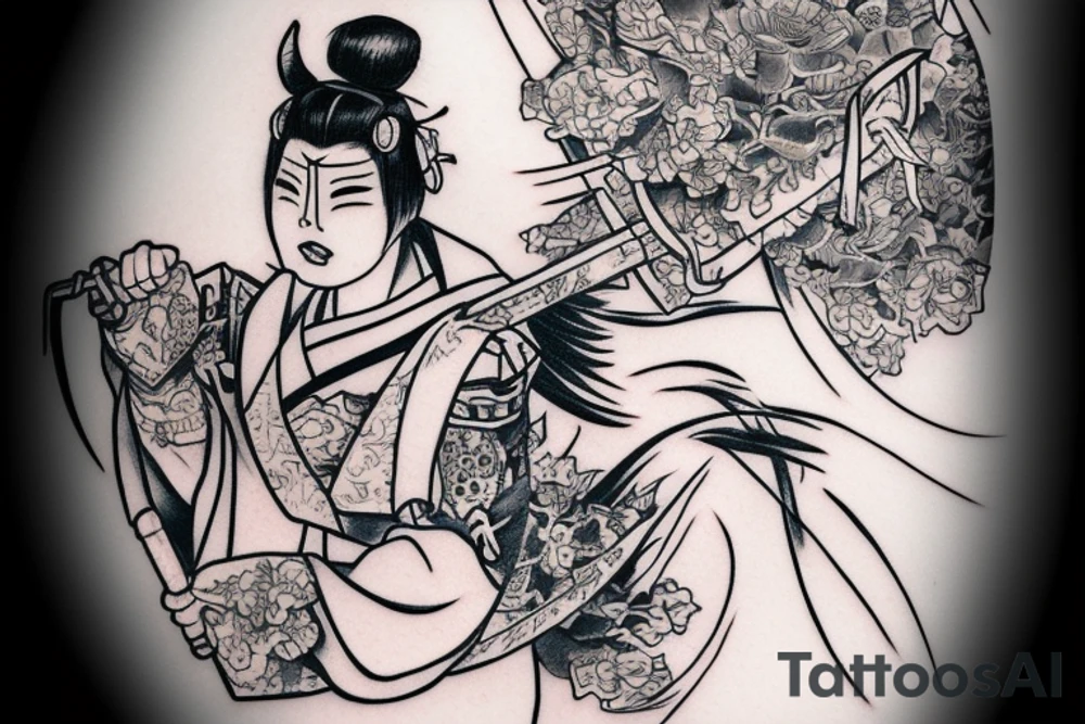 Japanese samurai geisha with armor sword and hannya mask tattoo idea