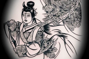 Japanese samurai geisha with armor sword and hannya mask tattoo idea