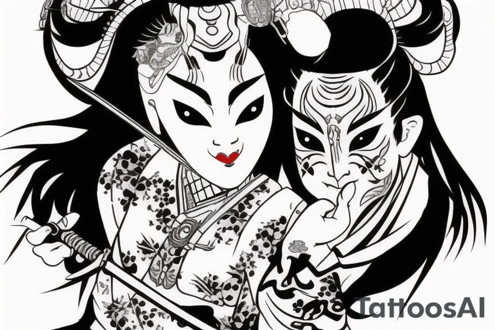 Japanese samurai geisha with armor sword and hannya mask tattoo idea