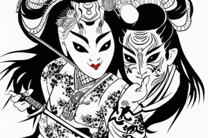 Japanese samurai geisha with armor sword and hannya mask tattoo idea