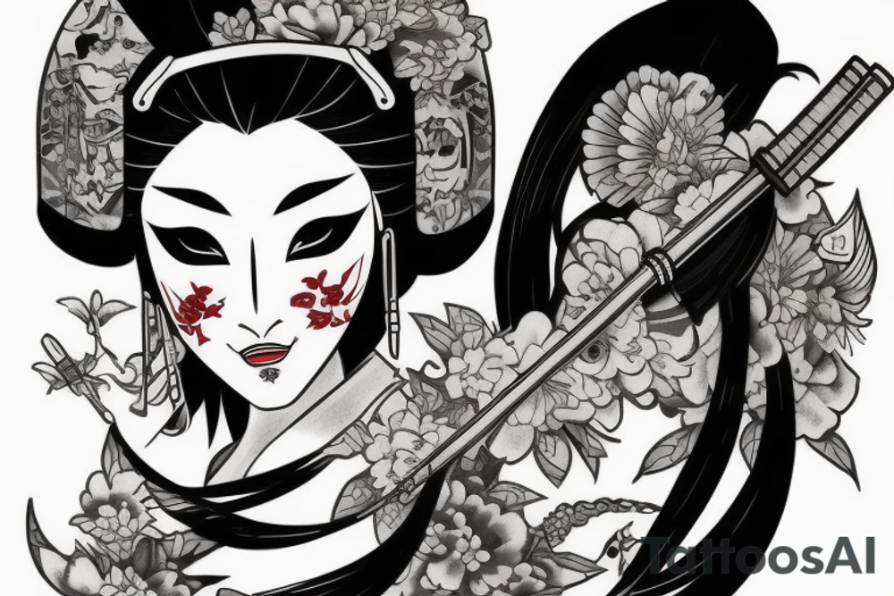 geisha with armor sword and hannya mask tattoo idea