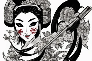 geisha with armor sword and hannya mask tattoo idea