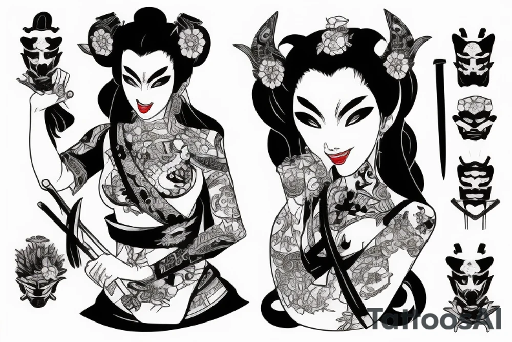 geisha with armor sword and hannya mask tattoo idea
