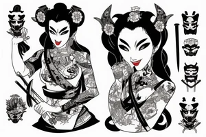 geisha with armor sword and hannya mask tattoo idea
