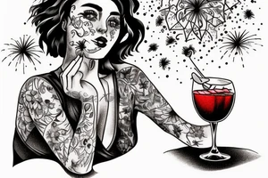 A woman sitting in a glass of sangria is watching fireworks. tattoo idea