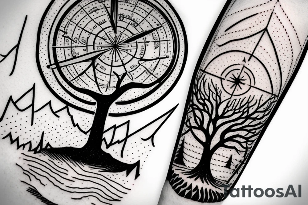 Magic tree in front of mountains with a compass tattoo idea