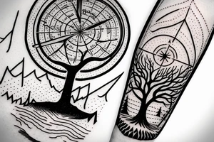 Magic tree in front of mountains with a compass tattoo idea