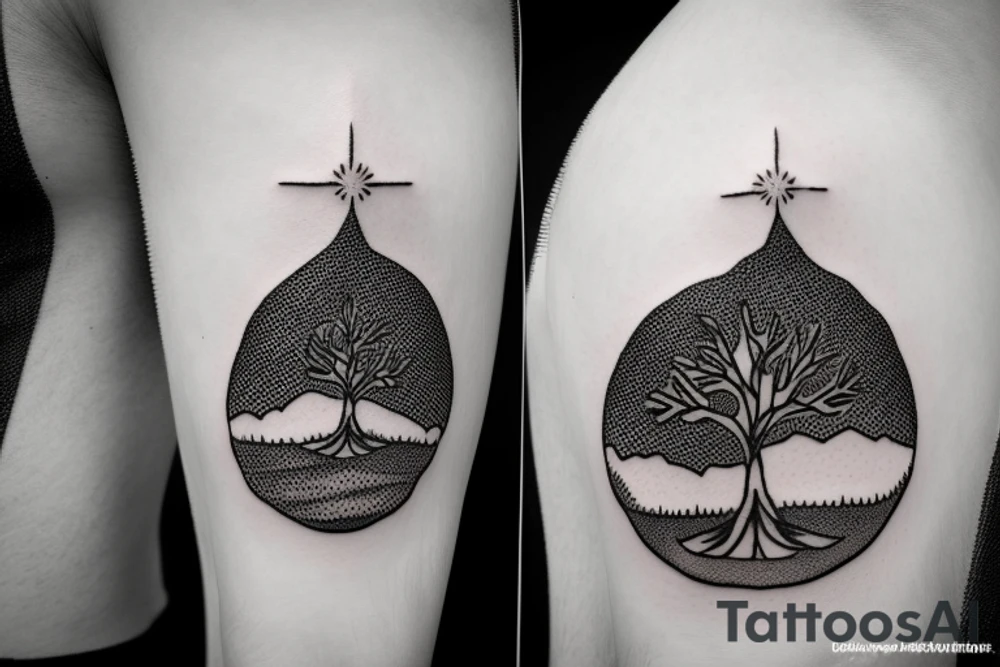 Magic tree in front of mountains with a compass tattoo idea
