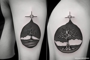 Magic tree in front of mountains with a compass tattoo idea