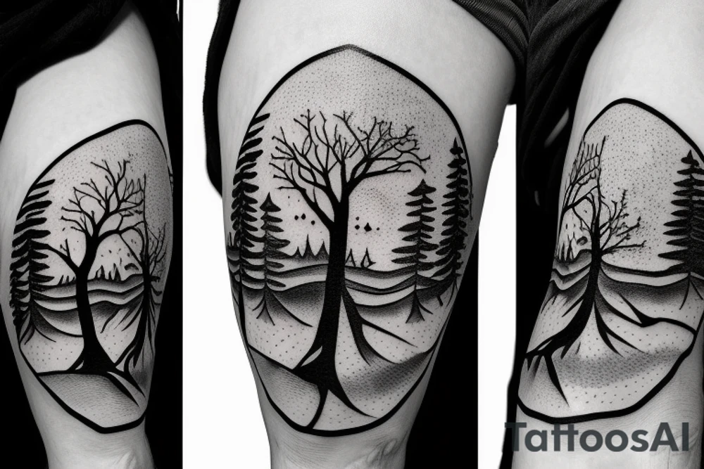 Magic tree in front of mountains with a compass tattoo idea Magic tree in front of mountains with a compass tattoo idea