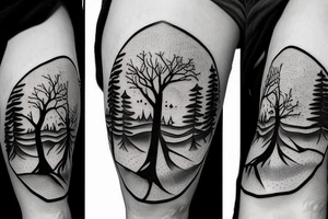 Magic tree in front of mountains with a compass tattoo idea