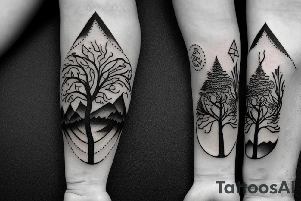 Magic tree in front of mountains with a compass tattoo idea