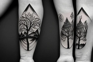 Magic tree in front of mountains with a compass tattoo idea