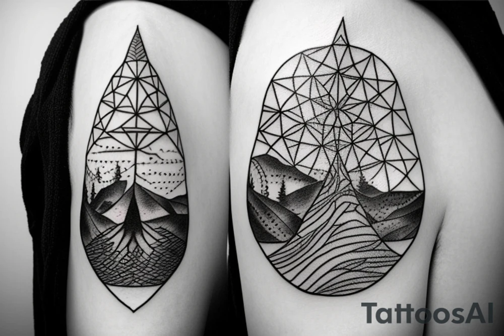 Magic tree in front of mountains with a compass tattoo idea