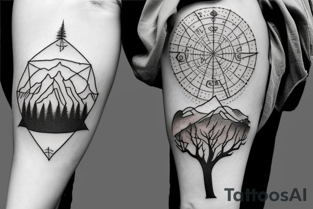 Magic tree in front of mountains with a compass tattoo idea Magic tree in front of mountains with a compass tattoo idea