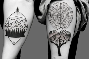 Magic tree in front of mountains with a compass tattoo idea