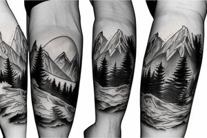 Compass surrounded by mountains, tree, globe and river tattoo idea