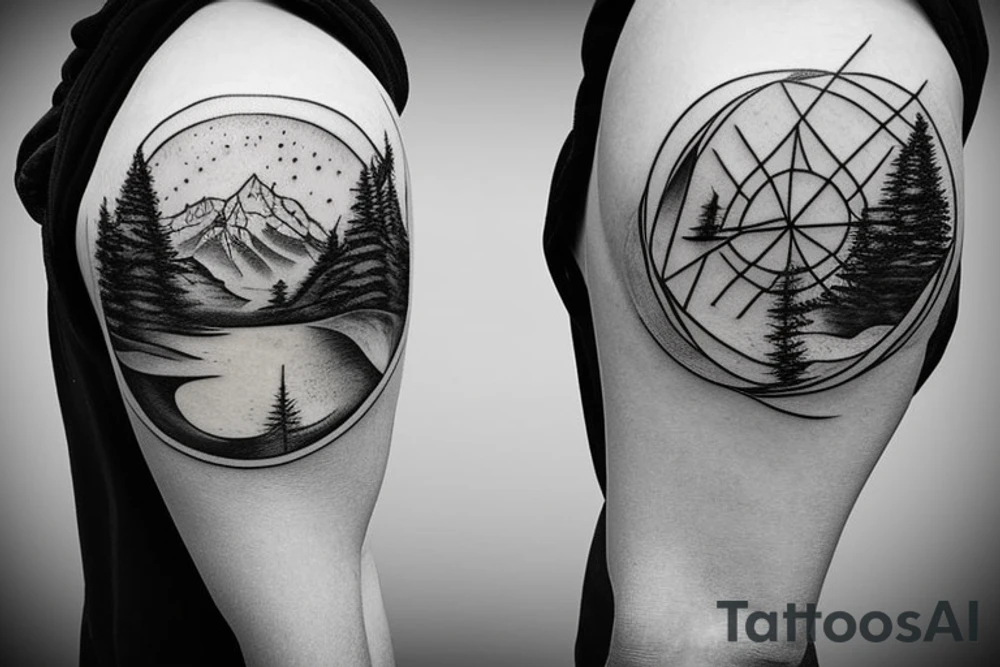 Compass surrounded by mountains, tree, globe and river tattoo idea Compass surrounded by mountains, tree, globe and river tattoo idea