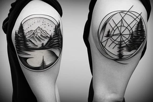 Compass surrounded by mountains, tree, globe and river tattoo idea
