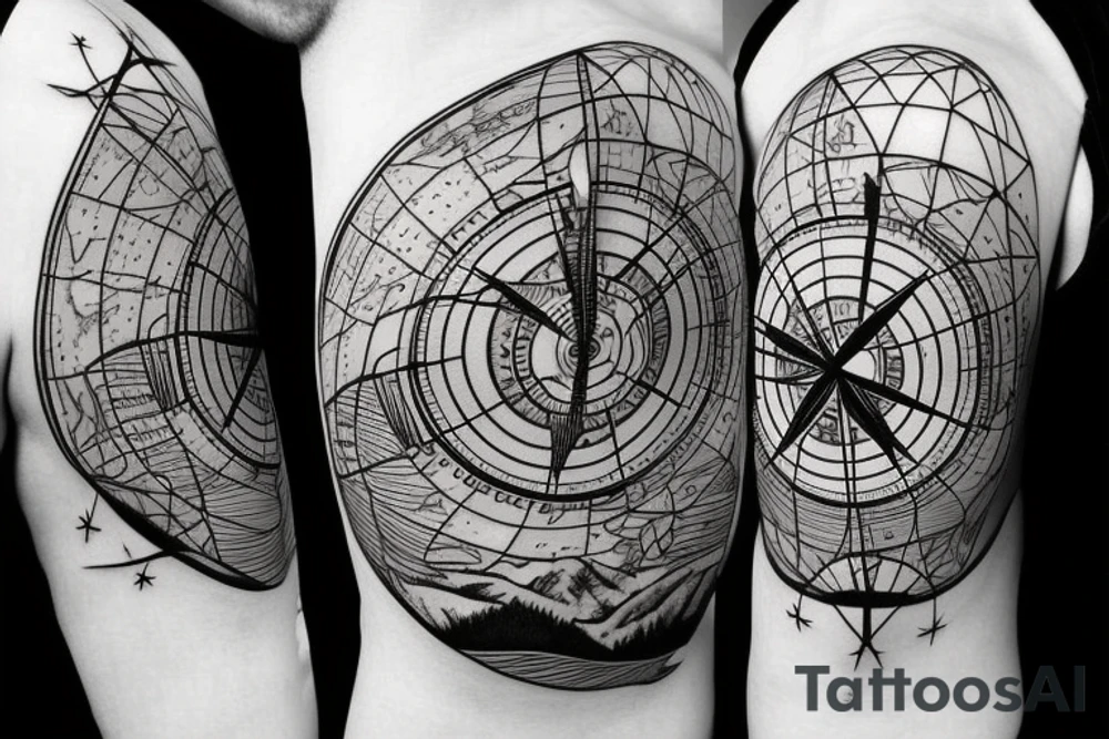 Compass surrounded by mountains, tree, globe and river tattoo idea