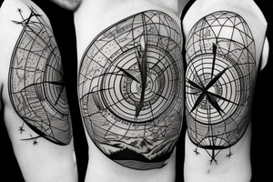 Compass surrounded by mountains, tree, globe and river tattoo idea