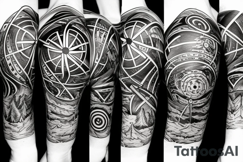Compass surrounded by mountains, tree, globe and river tattoo idea
