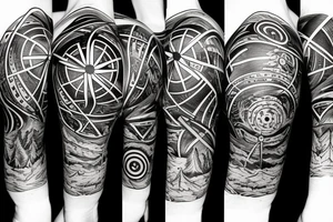 Compass surrounded by mountains, tree, globe and river tattoo idea