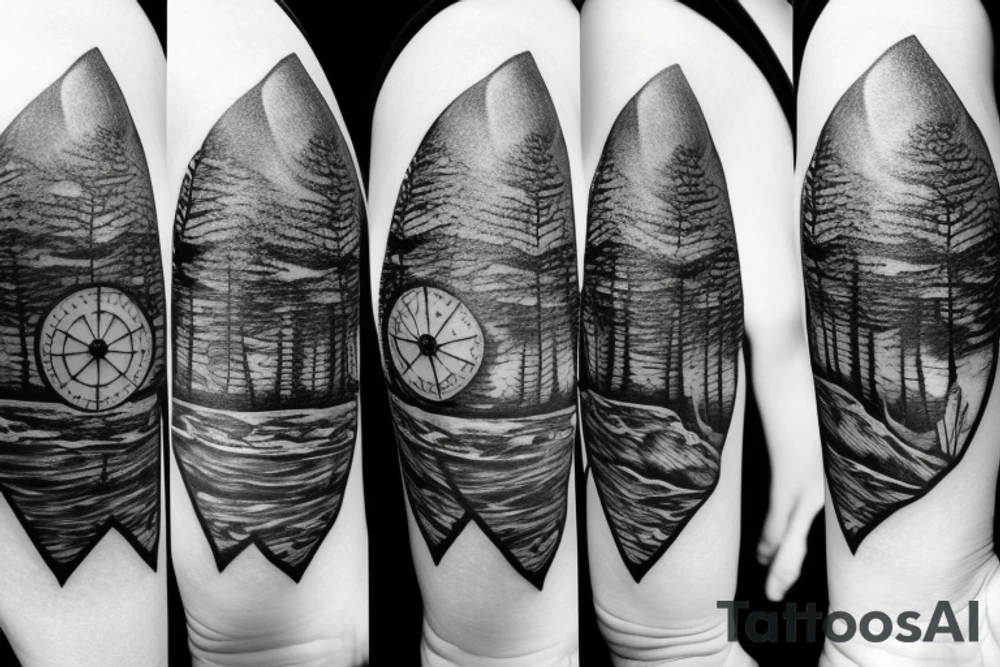 Small tattoo, mountain and trees with a compass in tge background tattoo idea