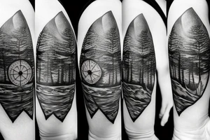Small tattoo, mountain and trees with a compass in tge background tattoo idea