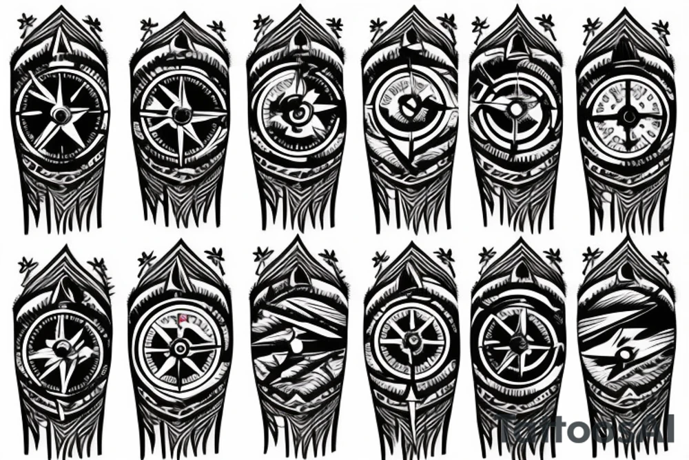 Small tattoo, mountain and trees with a compass in tge background tattoo idea